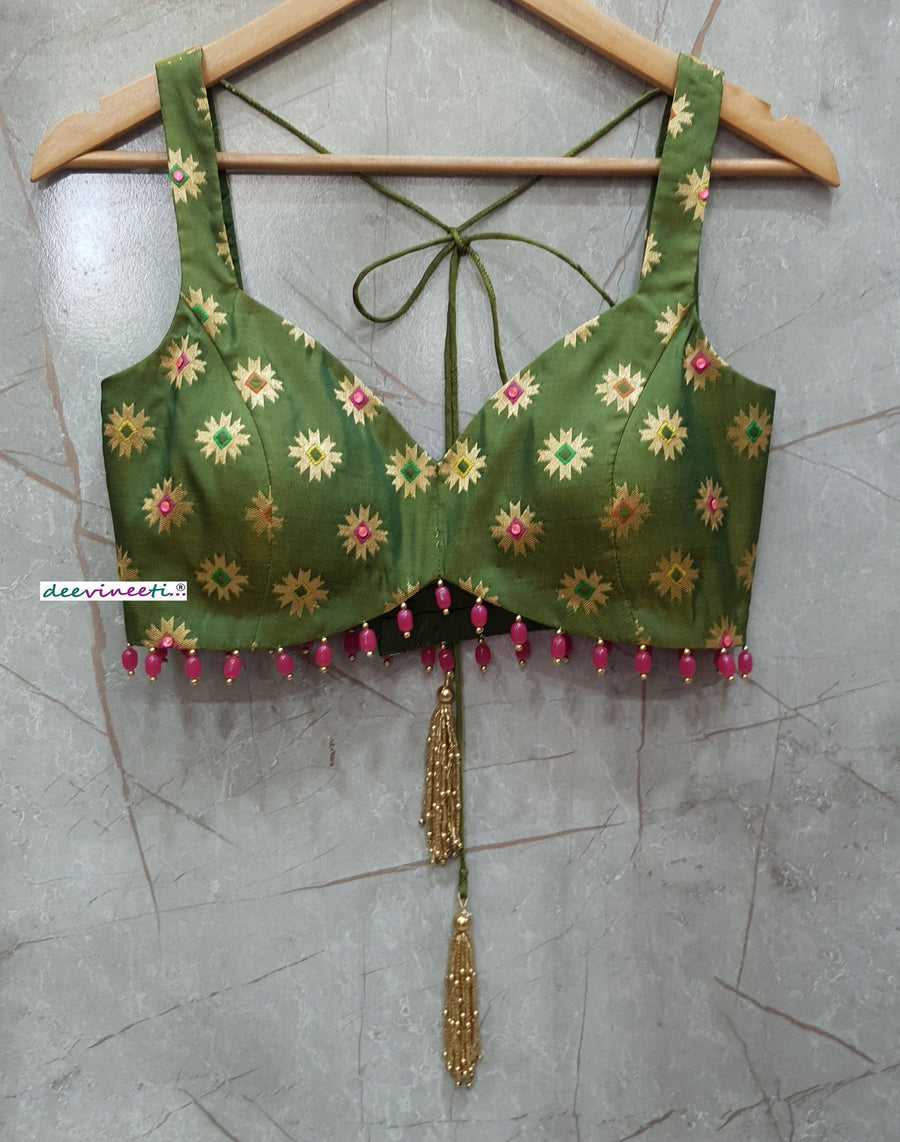 Green Brocade Silk Deep Sweetheart Neck