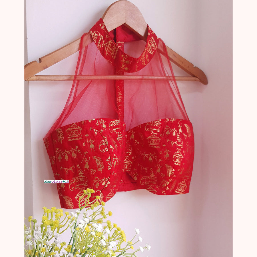 Designer Red Brocade Silk and Net