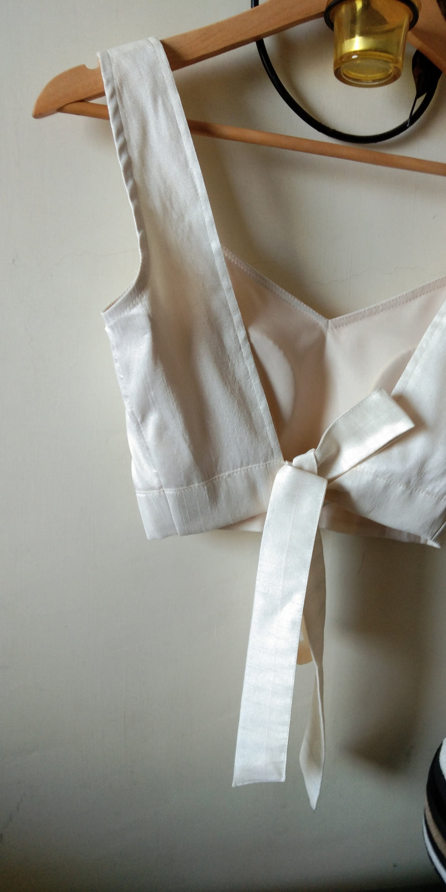 DeeVineeTi Custom Made Designer Off-White Raw Silk Open Back Tie Closure Sleeveless Indian Saree Blouse 4