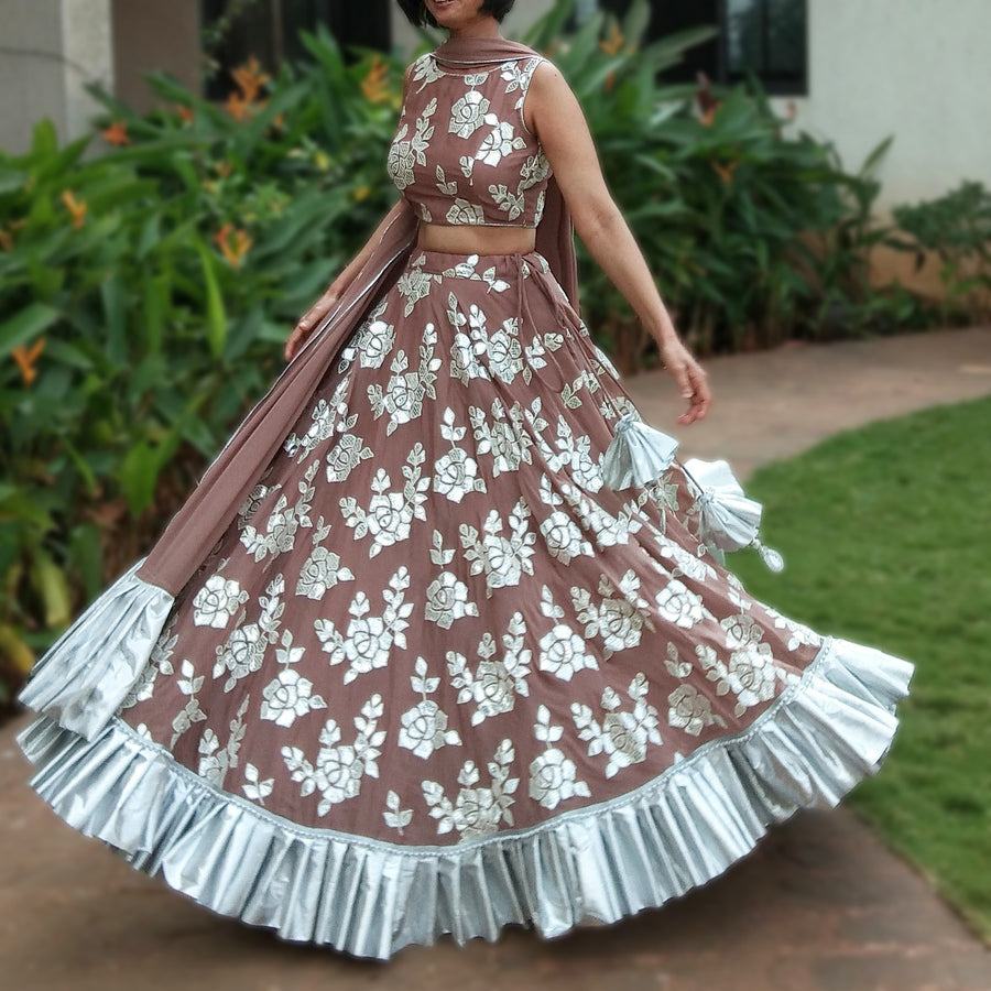DeeVineeTi Custom Made Indian Women Pale Brown Georgette Abla Embroidered Ruffled Lehenga Choli 2